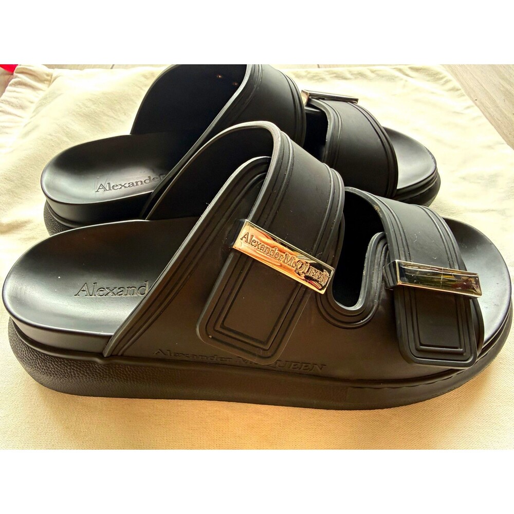 Alexander McQueen Rubber Logo Slides Black Silver Hardware Fits US 6.5